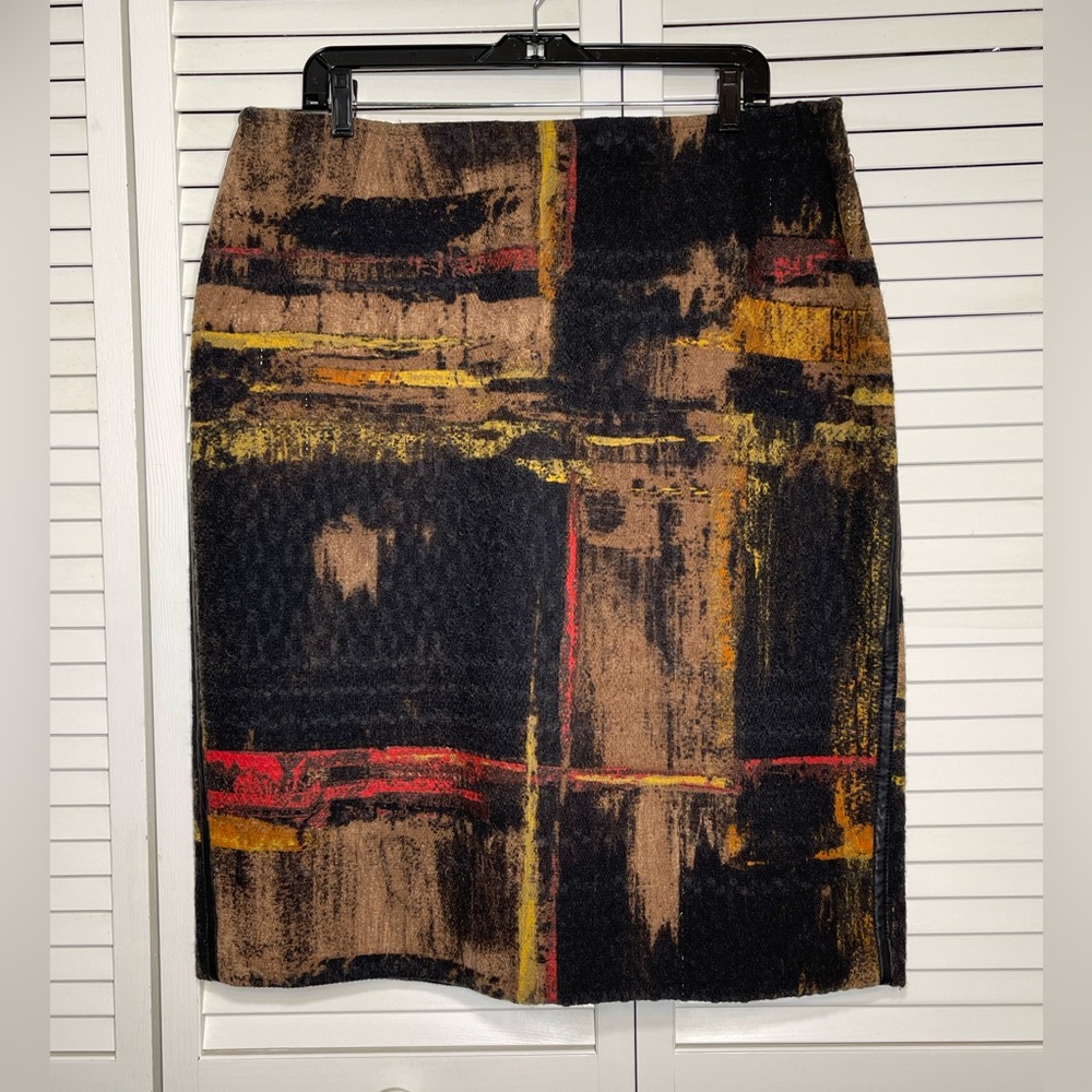 Lafayette 148 Pencil Skirt Artsy Print Wool Blend Leather Trim Brown Size 14W